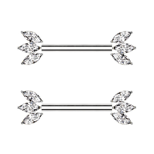 Threadless Push-In Triple CZ Crystal Marquise Ends Nipple Barbells - Pair - ASTM F-136 Implant Grade Titanium