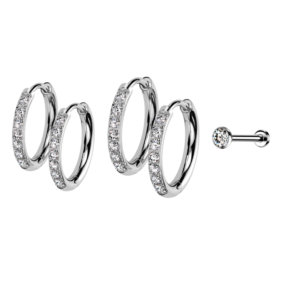 Set of Titanium and Crystal Threadless Stud and Hoop Earrings