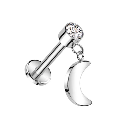 Threadless Push-In CZ Crystal with Dangling Crescent Moon Flat Back Stud - ASTM F-136 Implant Grade Titanium