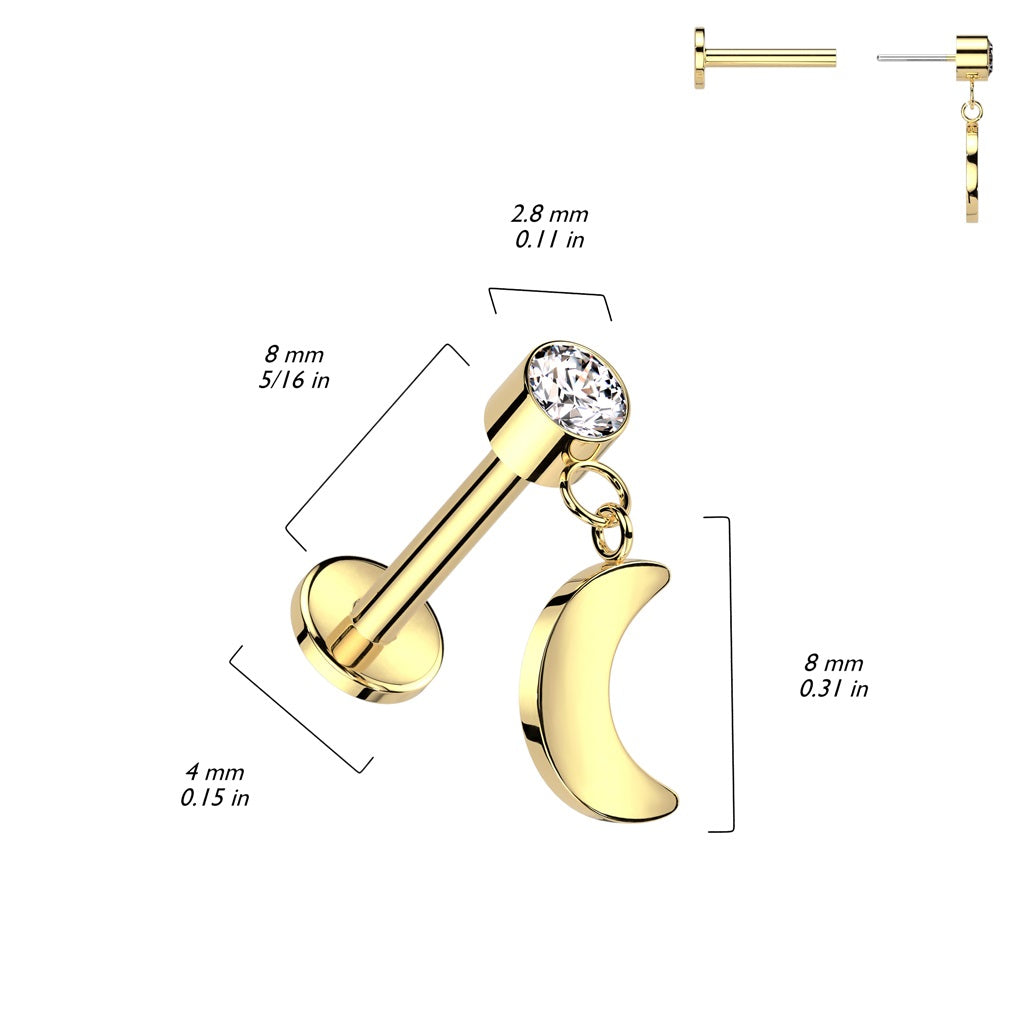 Threadless Push-In CZ Crystal with Dangling Crescent Moon Flat Back Stud - ASTM F-136 Implant Grade Titanium