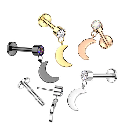 Threadless Push-In CZ Crystal with Dangling Crescent Moon Flat Back Stud - ASTM F-136 Implant Grade Titanium