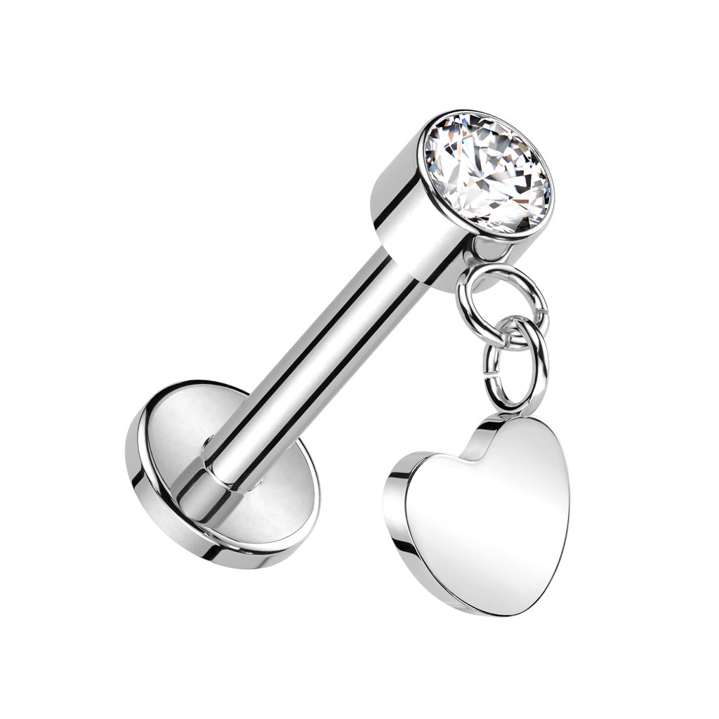 Threadless Push-In CZ Crystal with Dangling Heart Flat Back Stud - ASTM F-136 Implant Grade Titanium