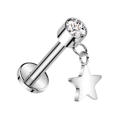 Threadless Push-In CZ Crystal with Dangling Star Flat Back Stud - ASTM F-136 Implant Grade Titanium