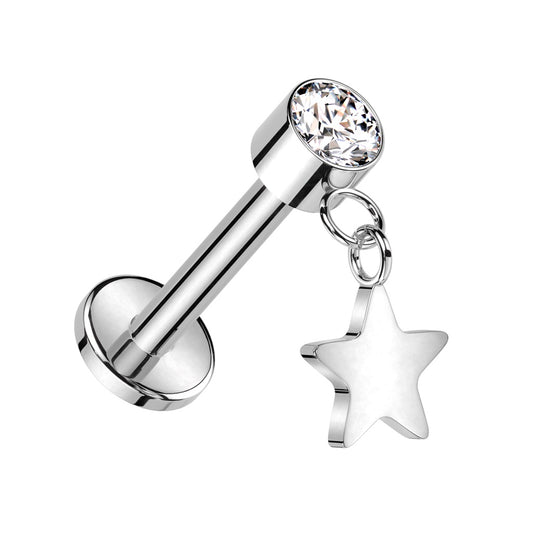 Threadless Push-In CZ Crystal with Dangling Star Flat Back Stud - ASTM F-136 Implant Grade Titanium