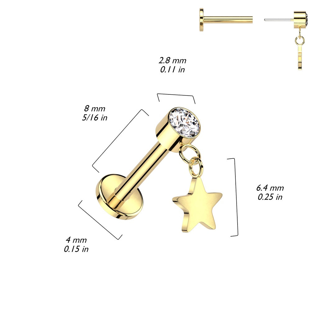 Threadless Push-In CZ Crystal with Dangling Star Flat Back Stud - ASTM F-136 Implant Grade Titanium