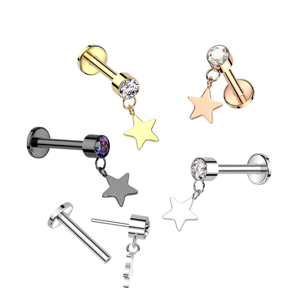 Threadless Push-In CZ Crystal with Dangling Star Flat Back Stud - ASTM F-136 Implant Grade Titanium