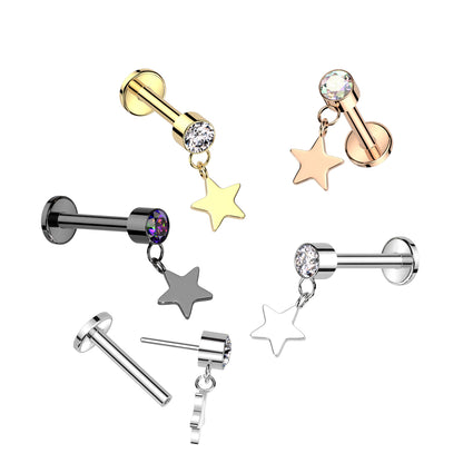 Threadless Push-In CZ Crystal with Dangling Star Flat Back Stud - ASTM F-136 Implant Grade Titanium