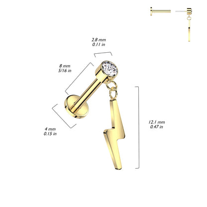 Threadless Push-In CZ Crystal with Dangling Lightning Bolt Flat Back Stud - ASTM F-136 Implant Grade Titanium