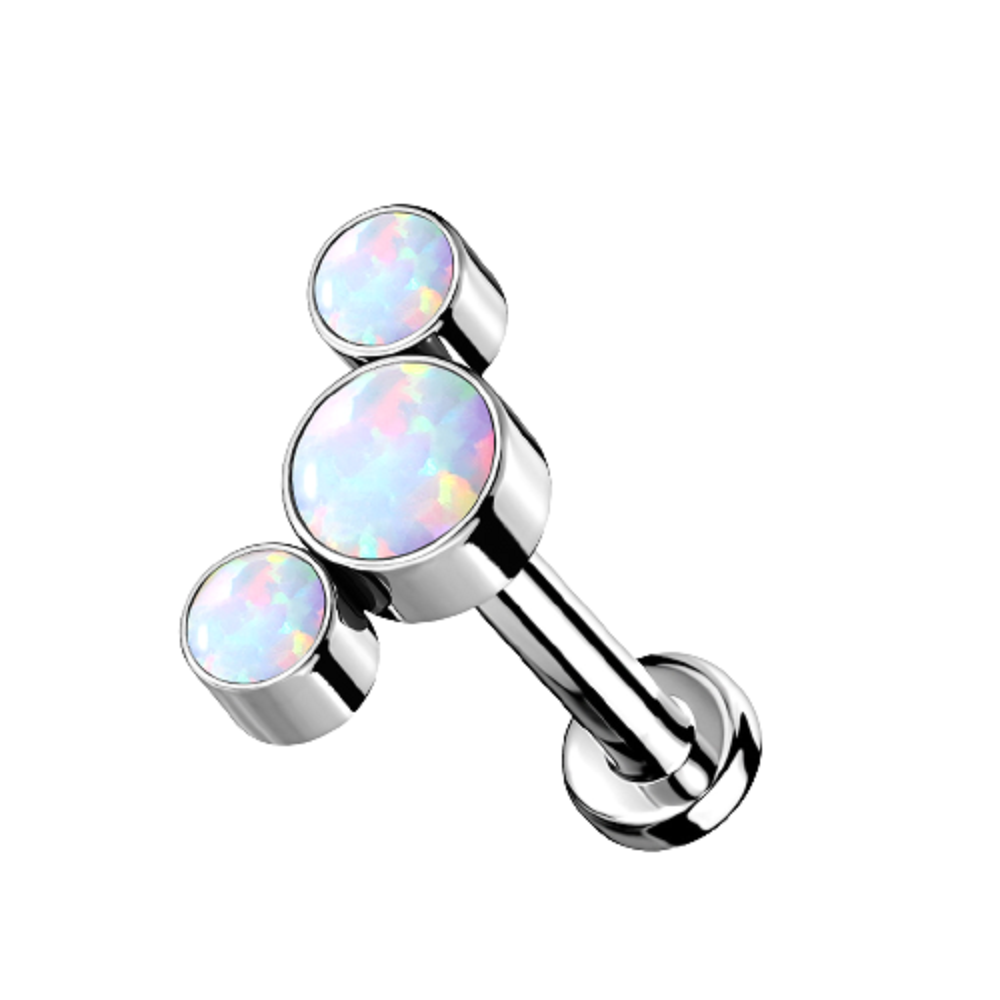 Threadless Push-In Triple Round Synthetic Opal Curved Flat Back Lip Cartilage Ear Lobe Stud - G23 Implant Grade Titanium