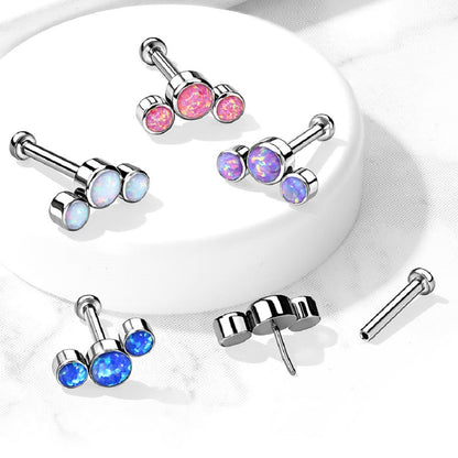 Threadless Push-In Triple Round Synthetic Opal Curved Flat Back Lip Cartilage Ear Lobe Stud - G23 Implant Grade Titanium