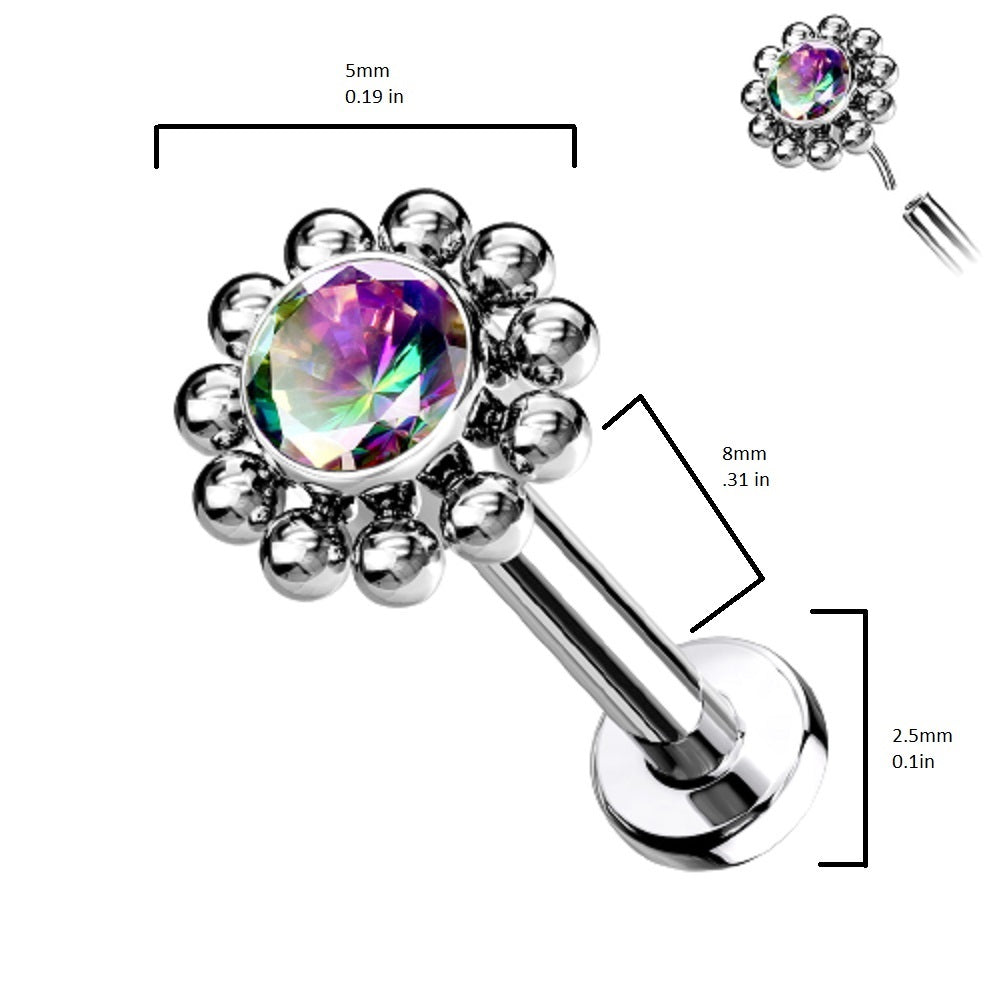 Threadless Push-In CZ Crystal Center Flower with Beaded Edge Flat Back Stud - G23 Implant Grade Titanium