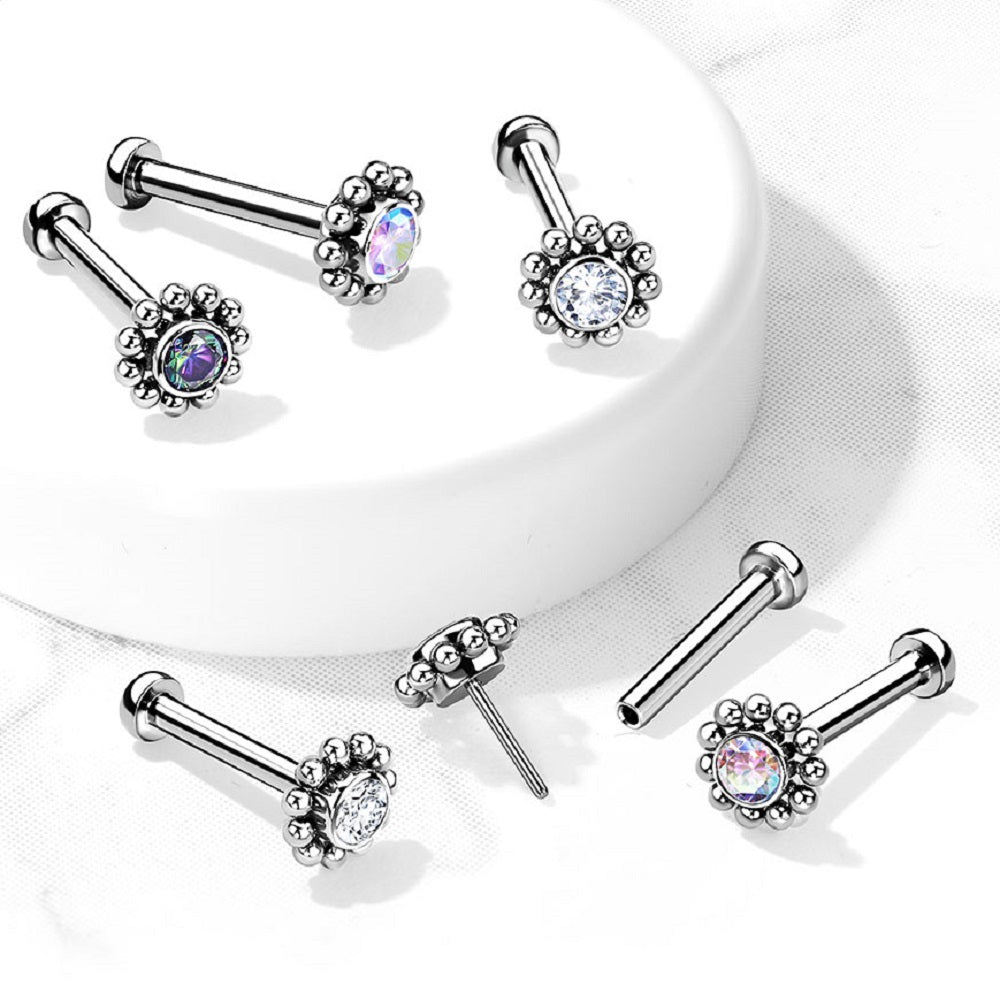 Threadless Push-In CZ Crystal Center Flower with Beaded Edge Flat Back Stud - G23 Implant Grade Titanium