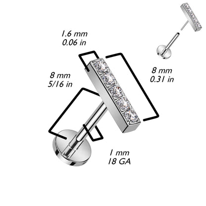 Threadless Push In CZ Crystal Lined Straight Bar Top Flat Back Stud - F136 Implant Grade Titanium