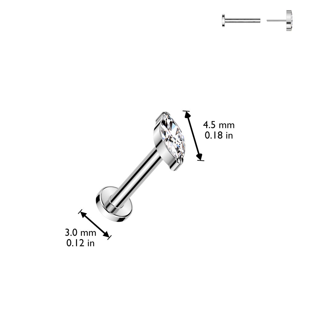 Threadless Push-in CZ Crystal Marquise Flat Back Stud - ASTM F-136 Implant Grade Titanium