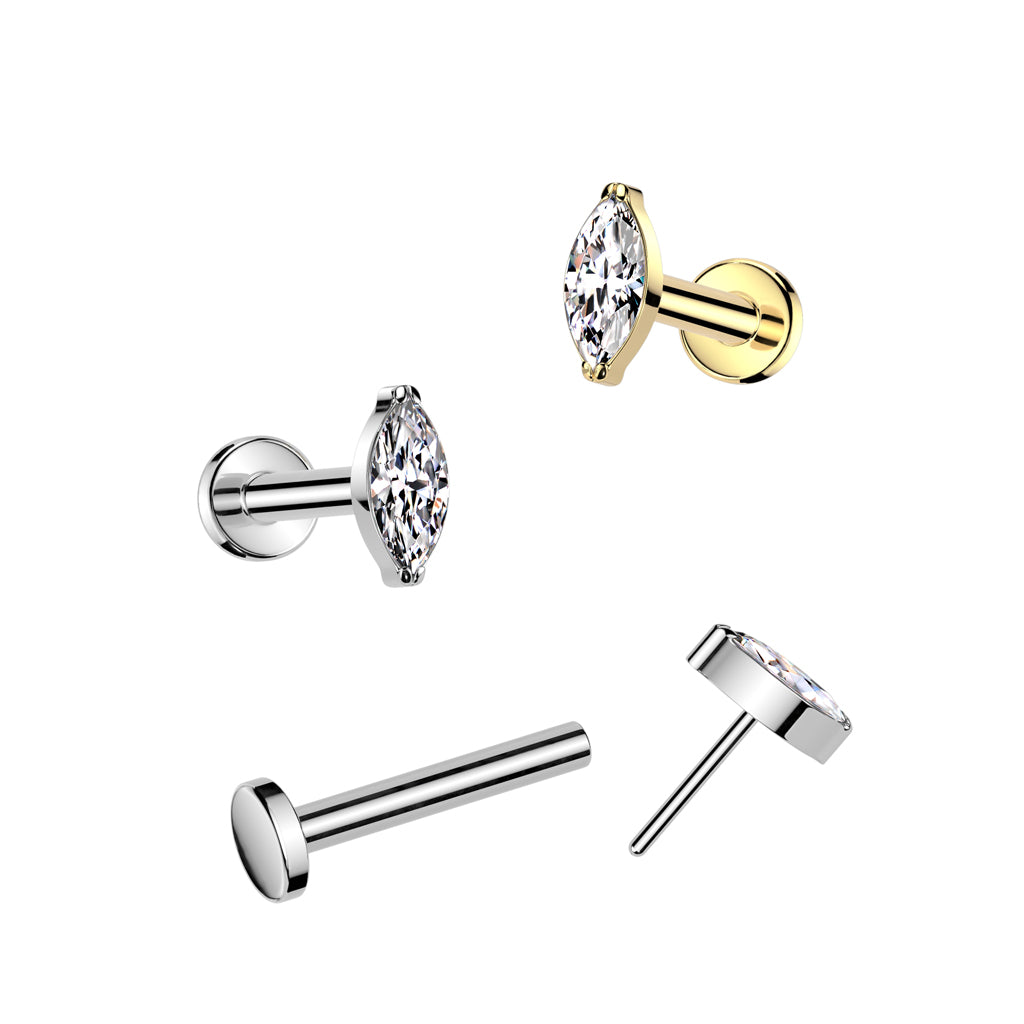 Threadless Push-in CZ Crystal Marquise Flat Back Stud - ASTM F-136 Implant Grade Titanium