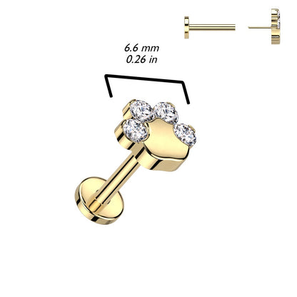 CZ Crystal Paw Top Threadless Push-in Flat Back Stud - F136 Implant Grade Titanium