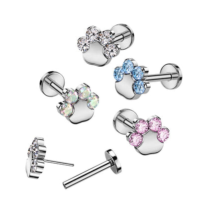 CZ Crystal Paw Top Threadless Push-in Flat Back Stud - F136 Implant Grade Titanium