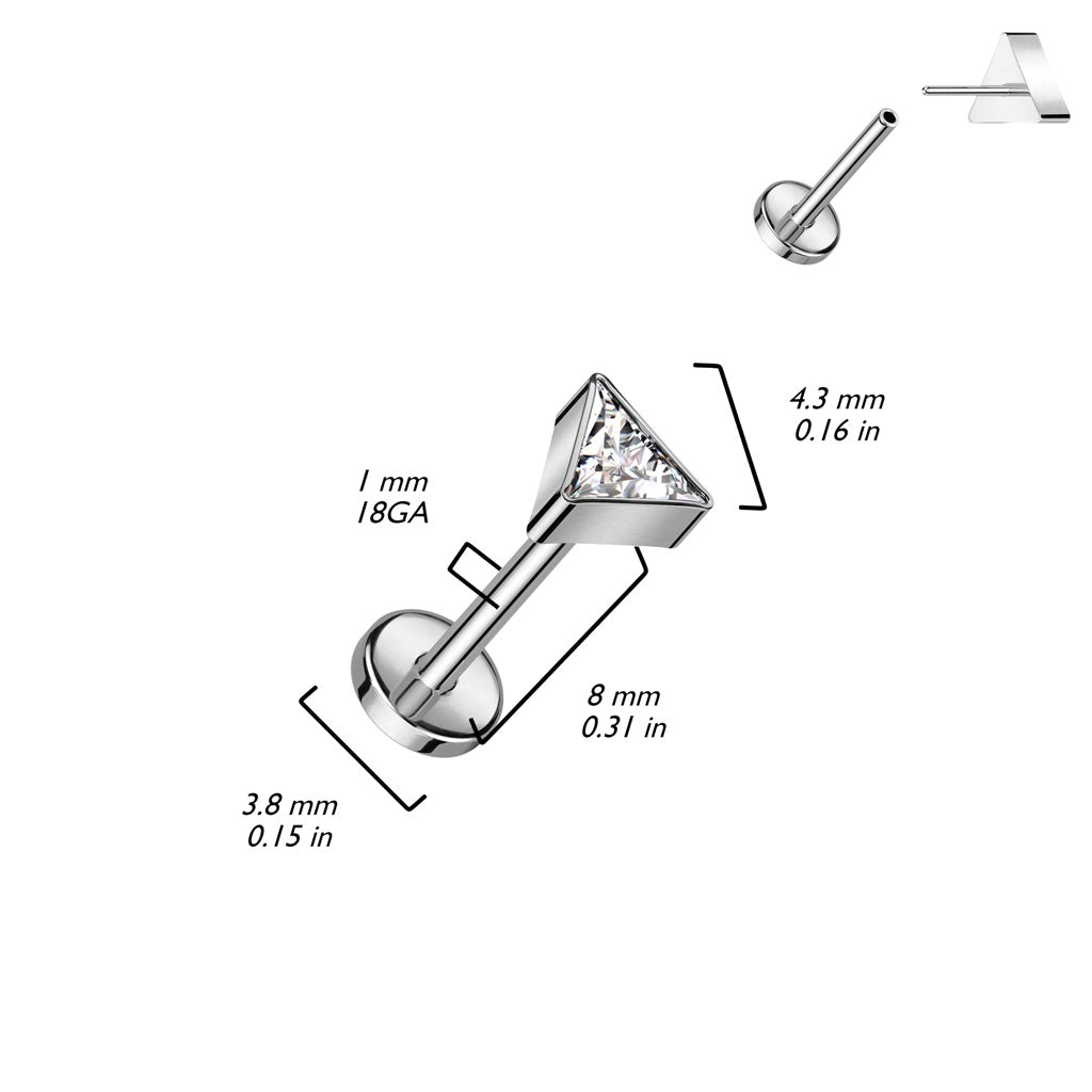 CZ Crystal Triangle Top Threadless Push-In Labret Stud - F136 Implant Grade Titanium