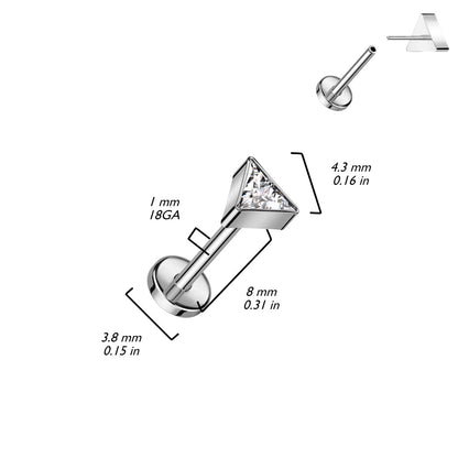 CZ Crystal Triangle Top Threadless Push-In Labret Stud - F136 Implant Grade Titanium