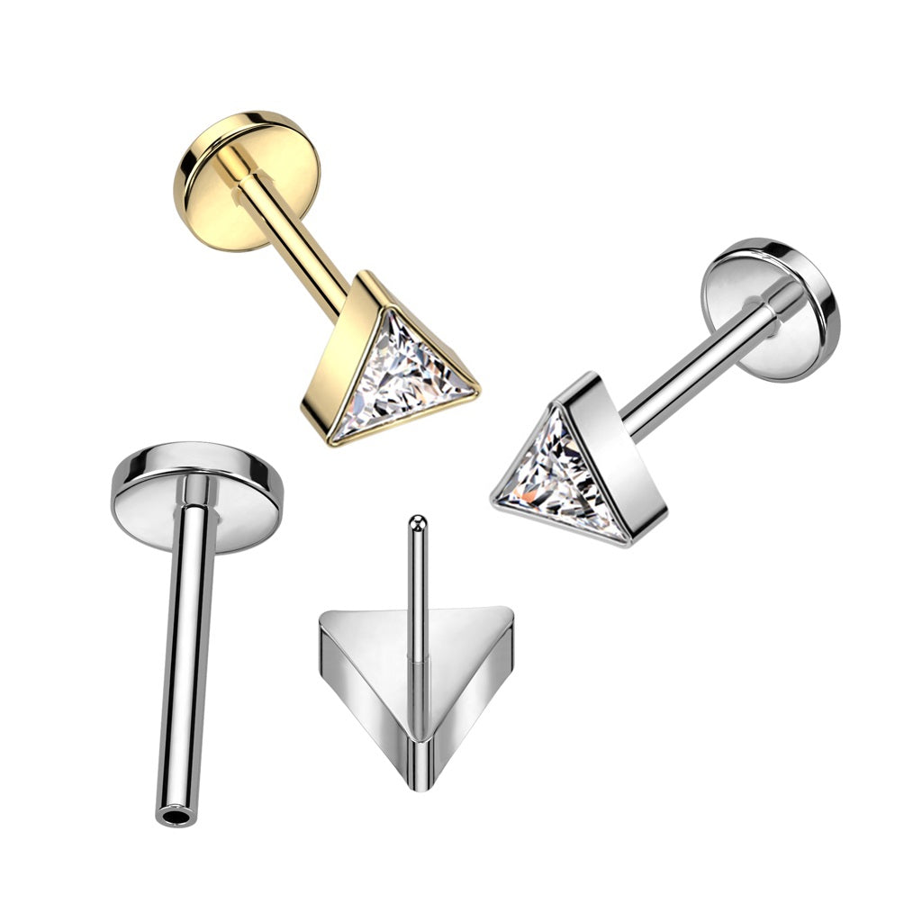 CZ Crystal Triangle Top Threadless Push-In Labret Stud - F136 Implant Grade Titanium