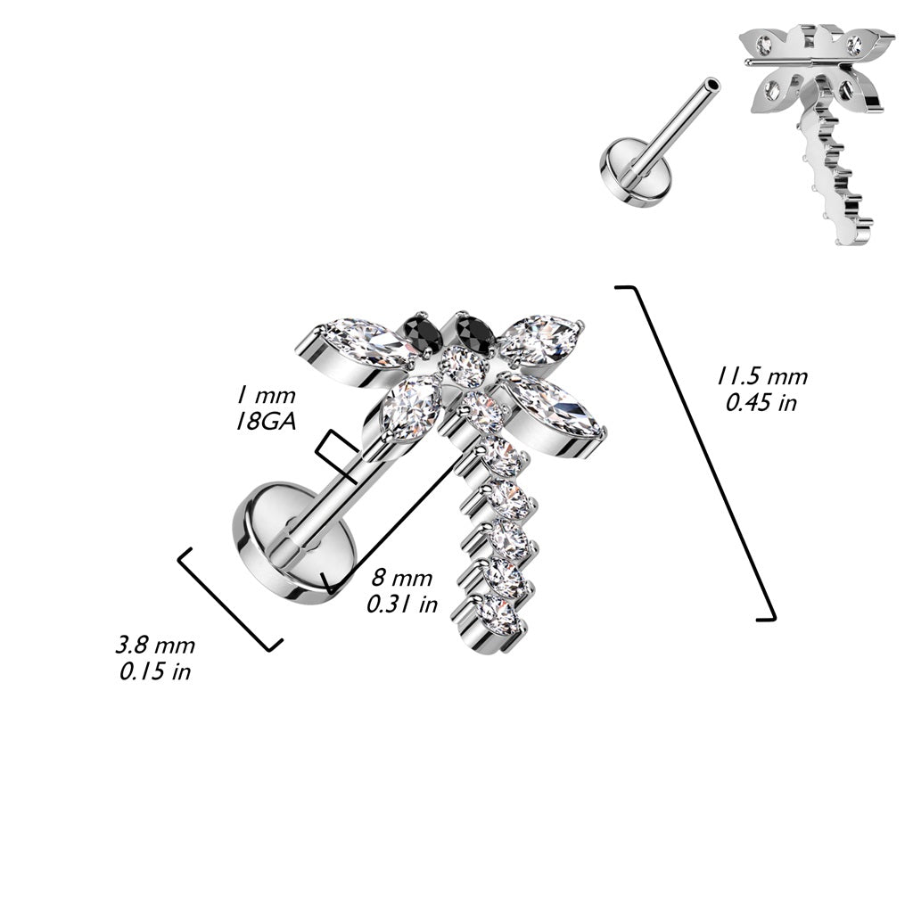 CZ Crystal Dragonfly Top Threadless Push-In Labret Stud - F136 Implant Grade Titanium
