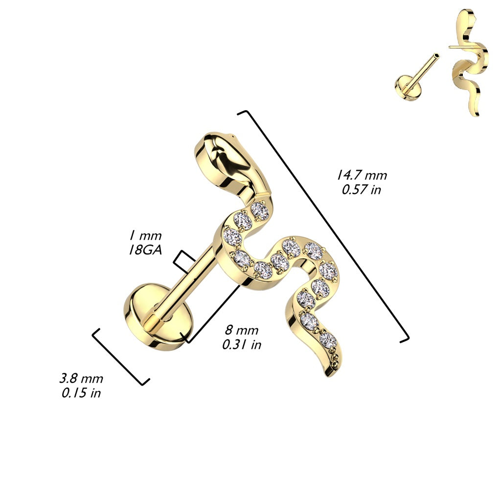 CZ Crystal Paved Snake Top Threadless Push-In Labret Stud - F136 Implant Grade Titanium