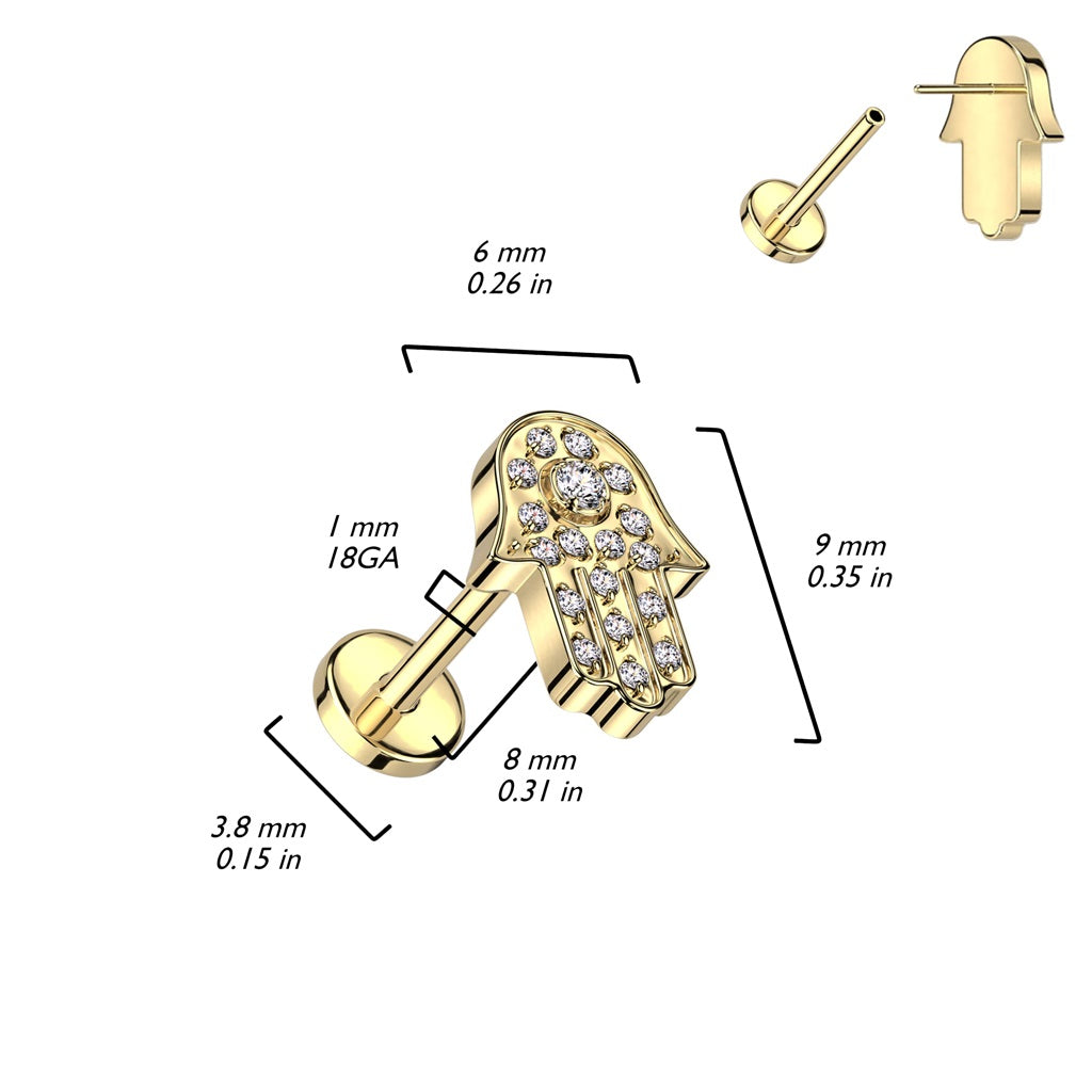 CZ Crystal Paved Hamsa Hand Threadless Push-In Labret Stud - F136 Implant Grade Titanium