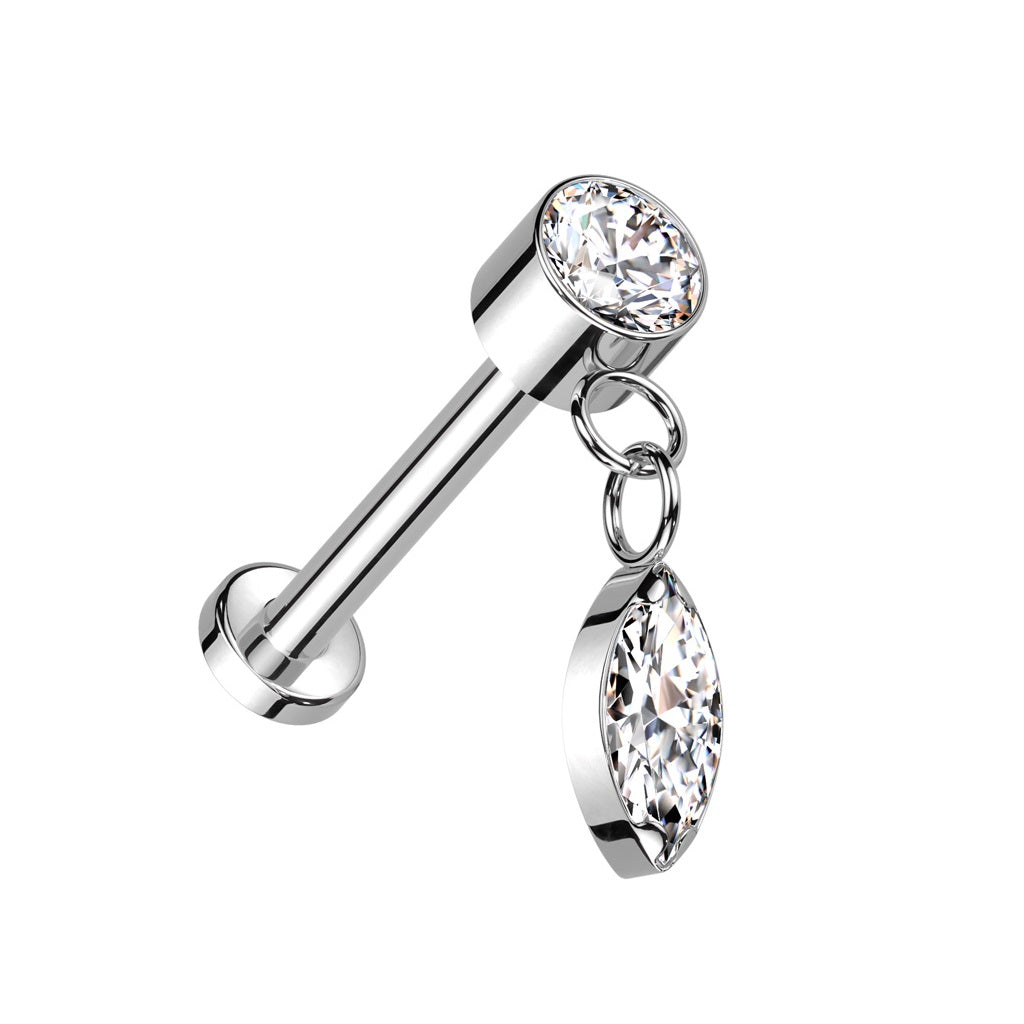 Threadless Push-In CZ Crystal with Dangling Marquise Flat Back Stud - ASTM F-136 Implant Grade Titanium