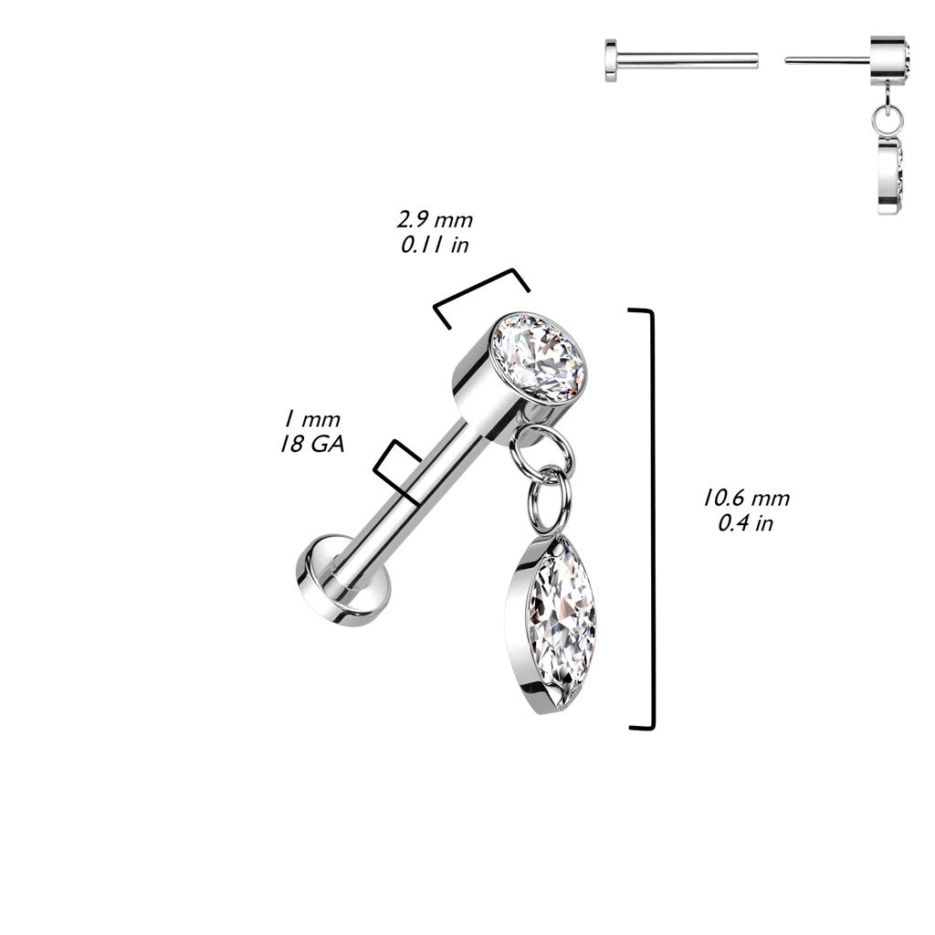 Threadless Push-In CZ Crystal with Dangling Marquise Flat Back Stud - ASTM F-136 Implant Grade Titanium