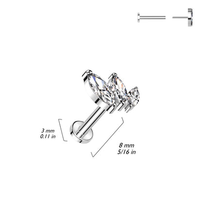 Threadless Push-In CZ Crystal Triple Marquise Flat Back Stud - ASTM F-136 Implant Grade Titanium