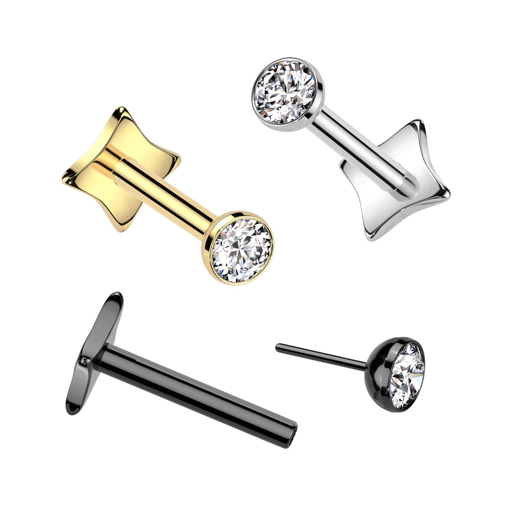 Threadless Push-In Bezel Set CZ Crystal Top Diamond Shaped Base Flat Back Stud - ASTM F-136 Implant Grade Titanium