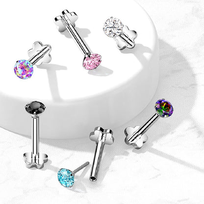 Prong Set CZ Crystal Threadless Push In Flower Base Stud
 - G23 Implant Grade Titanium