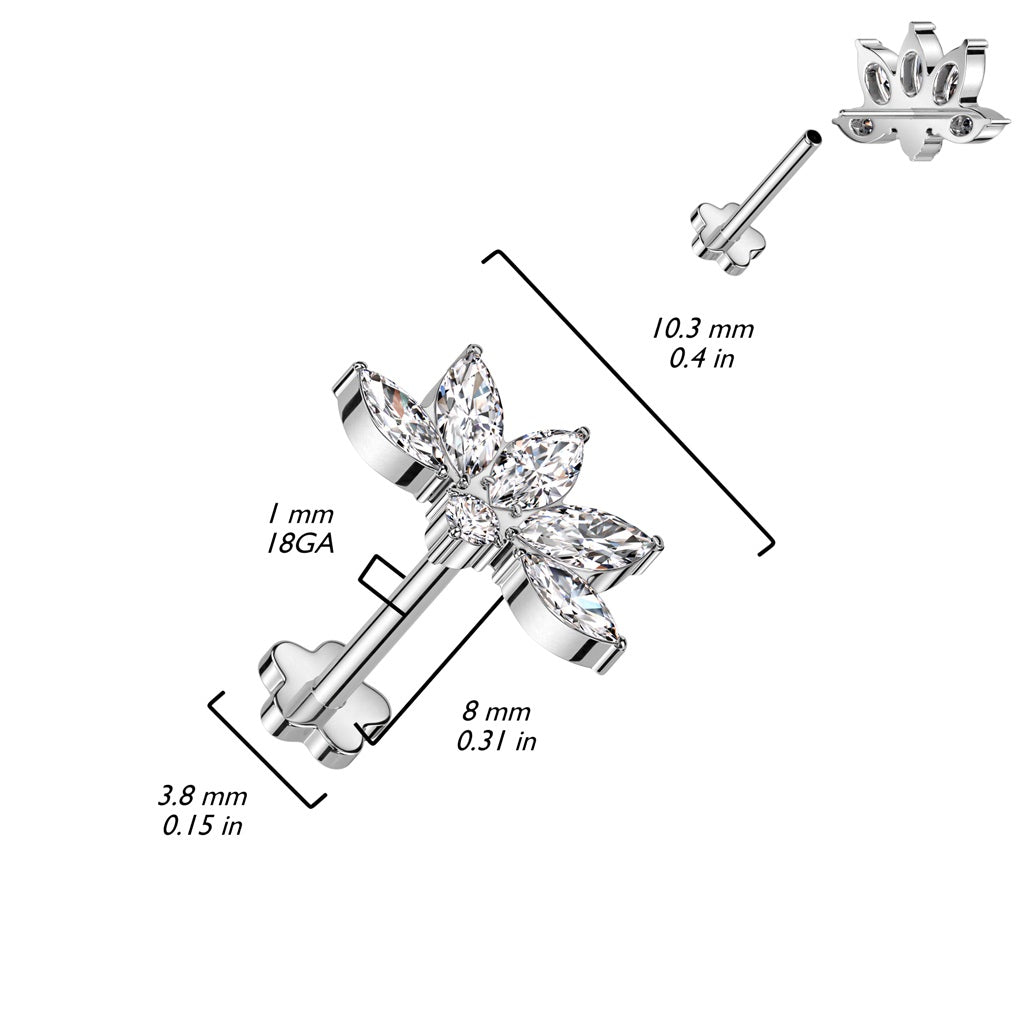 CZ Crystal Lotus Flower Marquise Threadless Push-In Flower Base Labret Stud - F136 Implant Grade Titanium