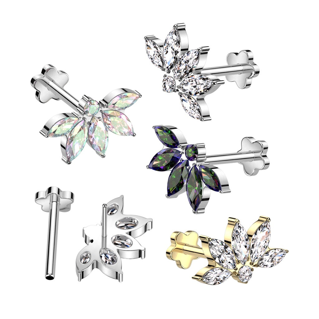 CZ Crystal Lotus Flower Marquise Threadless Push-In Flower Base Labret Stud - F136 Implant Grade Titanium