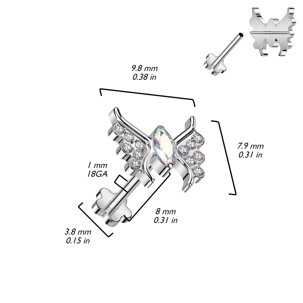 CZ Crystal Butterfly Threadless Push-In Flower Base Labret Stud - F136 Implant Grade Titanium