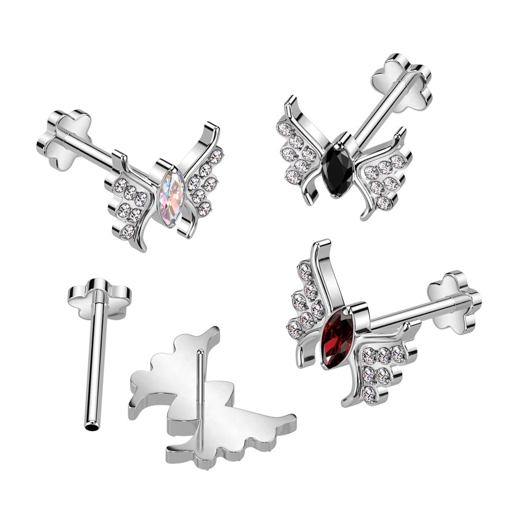 CZ Crystal Butterfly Threadless Push-In Flower Base Labret Stud - F136 Implant Grade Titanium