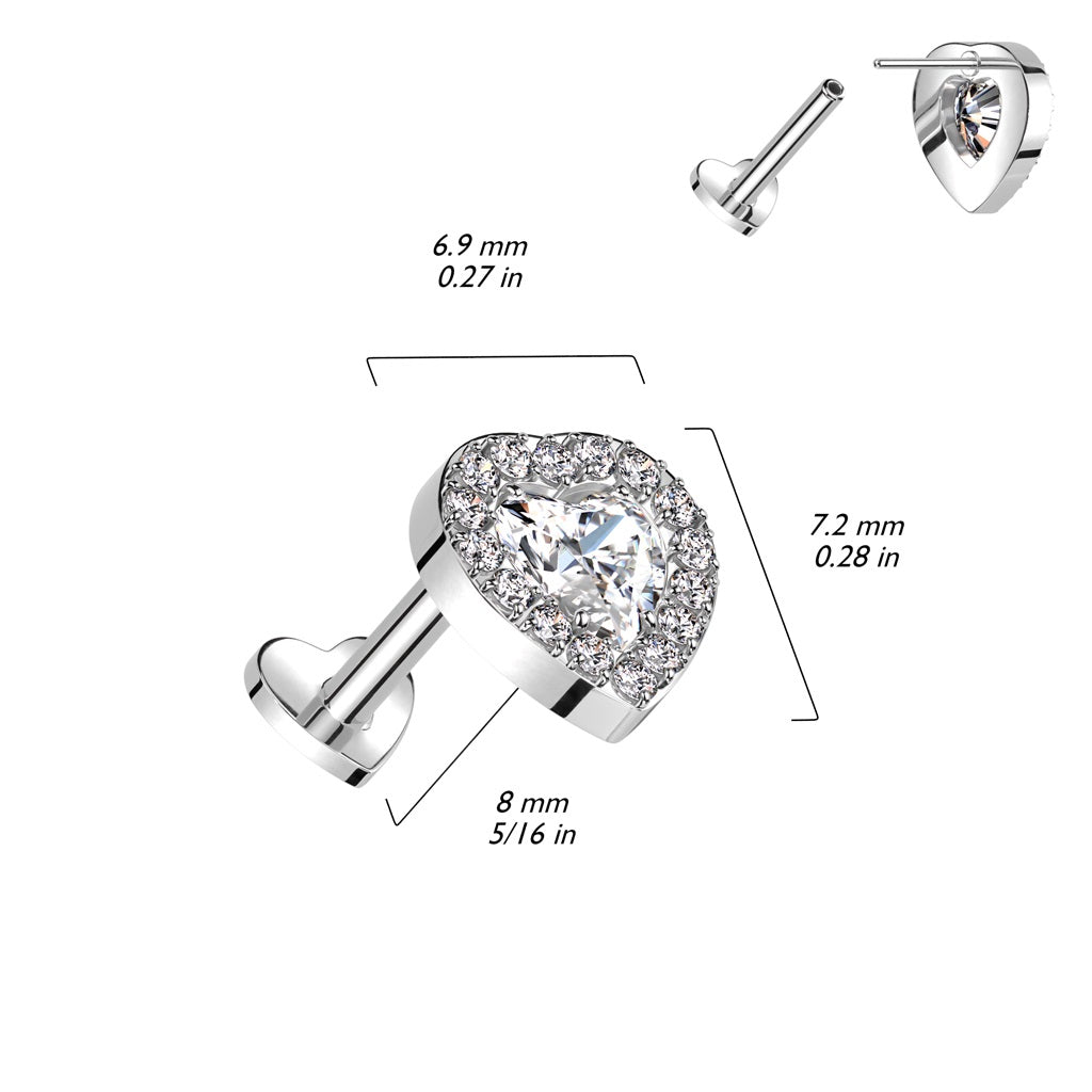 CZ Crystal Heart with Gem Outline Threadless Push-in Stud - ASTM F136 Implant Grade Titanium