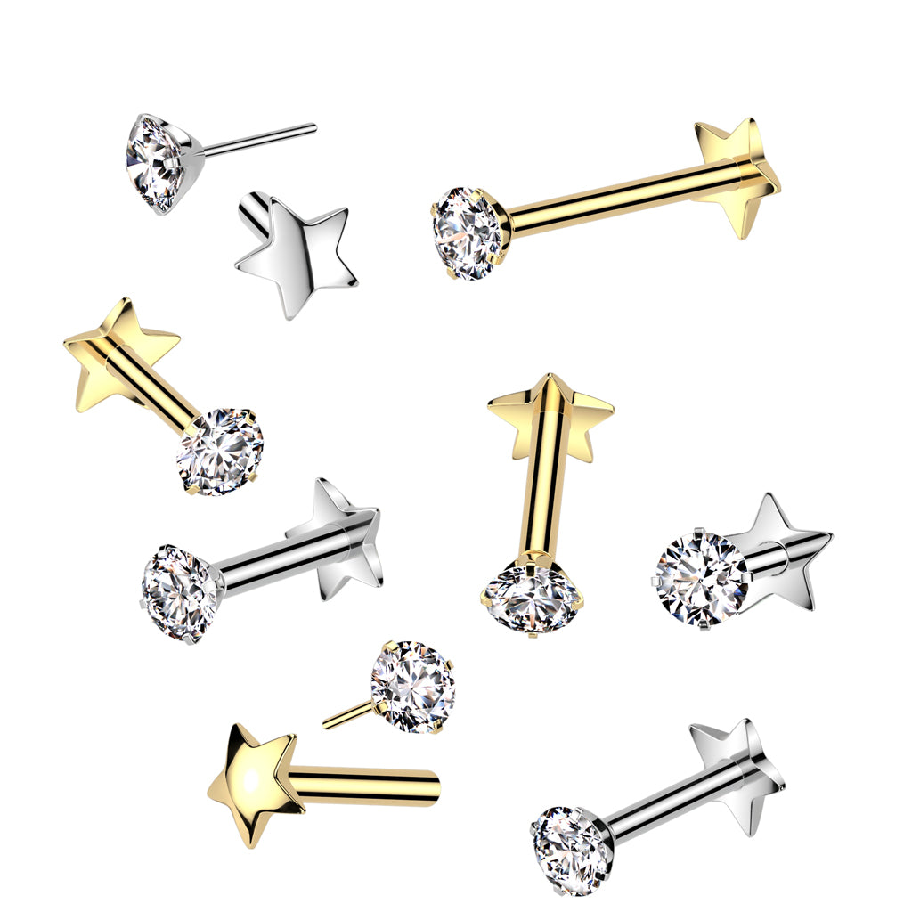 Threadless Push-in CZ Crystal Star Back Stud - ASTM F-136 Implant Grade Titanium