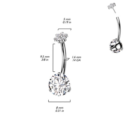 Threadless Push In Prong Set CZ Crystal with Flower Top Belly Button Ring - F136 Implant Grade Titanium