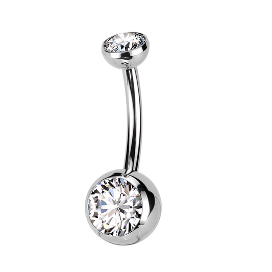 Threadless Push In Double Bezel Set CZ Crystal Belly Button Ring - F136 Implant Grade Titanium