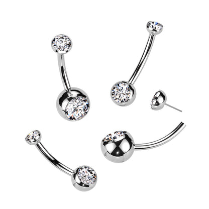 Threadless Push In Double Bezel Set CZ Crystal Belly Button Ring - F136 Implant Grade Titanium