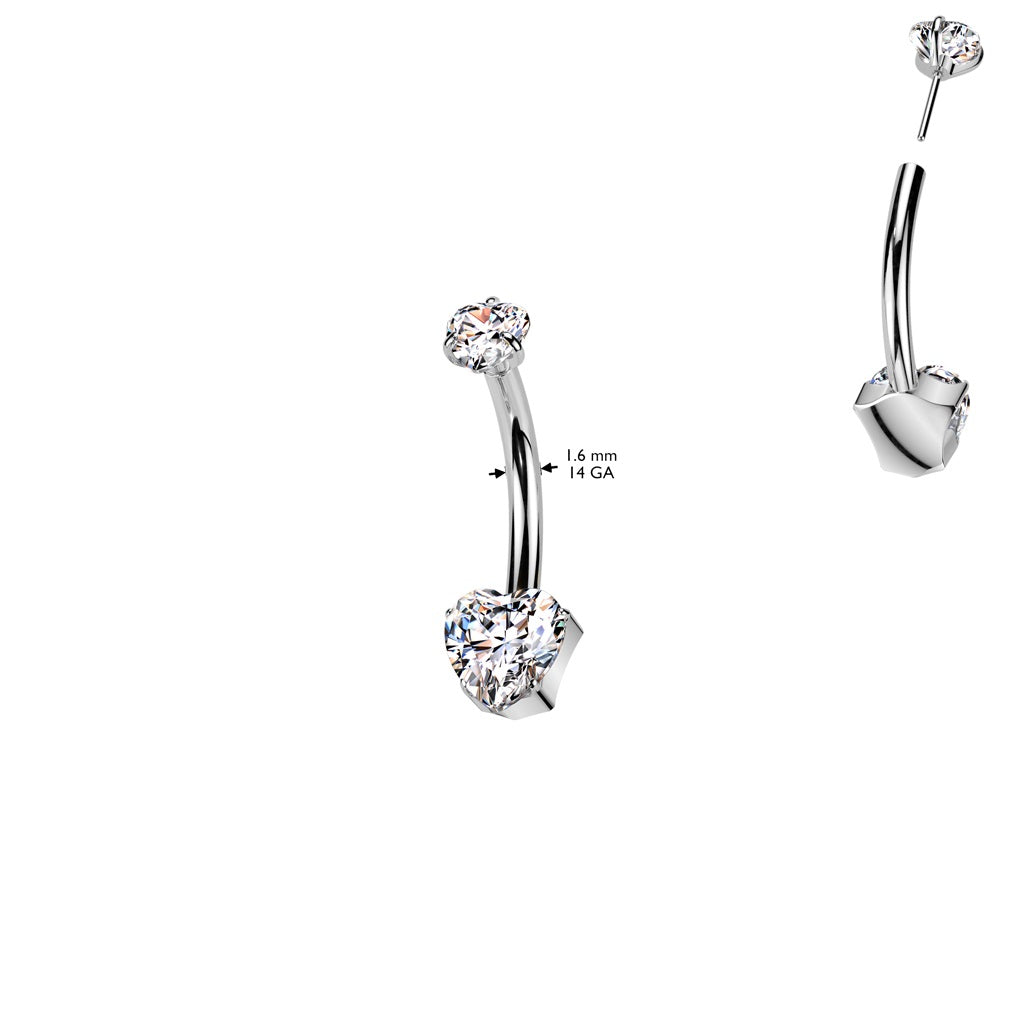 Threadless Push-In CZ Crystal Heart Belly Button Ring - ASTM F-136 Implant Grade Titanium