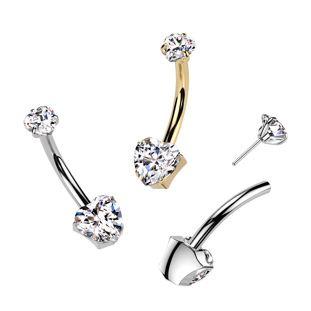 Threadless Push-In CZ Crystal Heart Belly Button Ring - ASTM F-136 Implant Grade Titanium