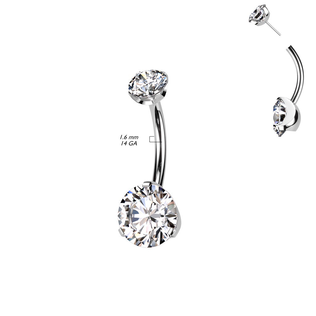 Threadless Push In Double Prong Set CZ Crystal Belly Button Ring - F136 Implant Grade Titanium