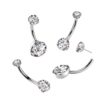 Threadless Push In Double Prong Set CZ Crystal Belly Button Ring - F136 Implant Grade Titanium