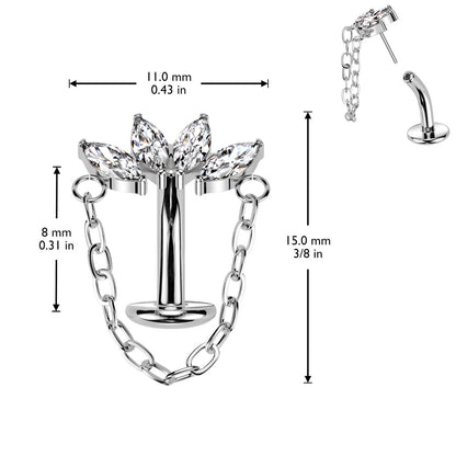 Threadless Push-In CZ Crystal Marquise Fan with Dangling Chain Floating Belly Button Ring - ASTM F-136 Implant Grade Titanium