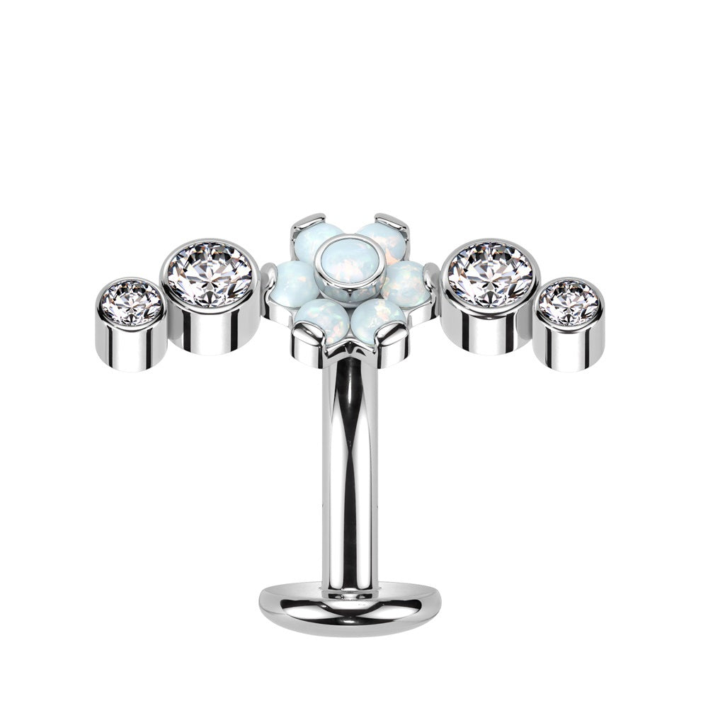 Threadless Push In CZ Crystal and Opalite Flower Floating Belly Button Ring - F136 Implant Grade Titanium