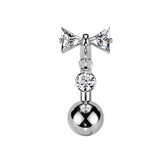 Threadless Push-In CZ Crystal Bow with Dangling Gem Belly Button Ring - ASTM F-136 Implant Grade Titanium