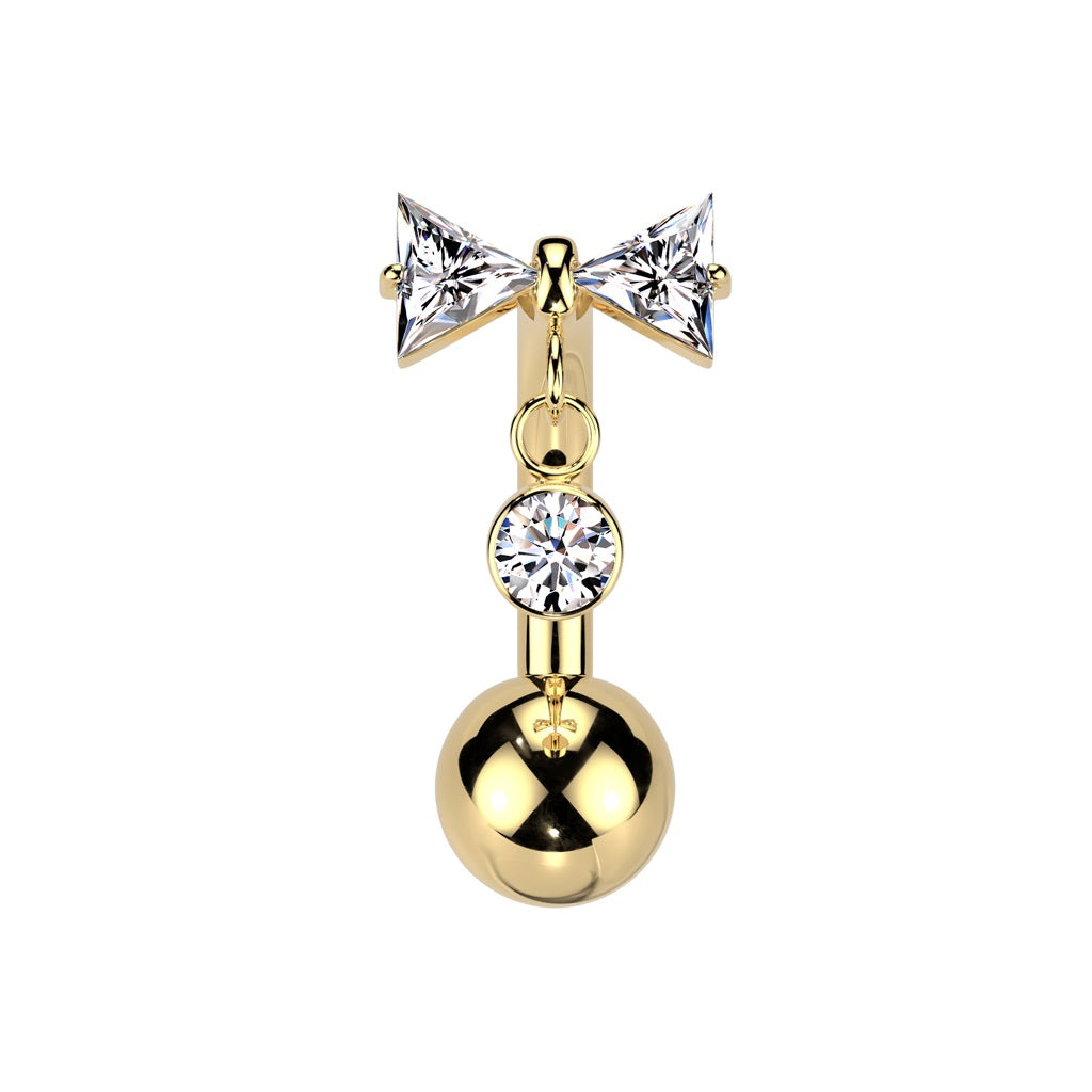 Threadless Push-In CZ Crystal Bow with Dangling Gem Belly Button Ring - ASTM F-136 Implant Grade Titanium