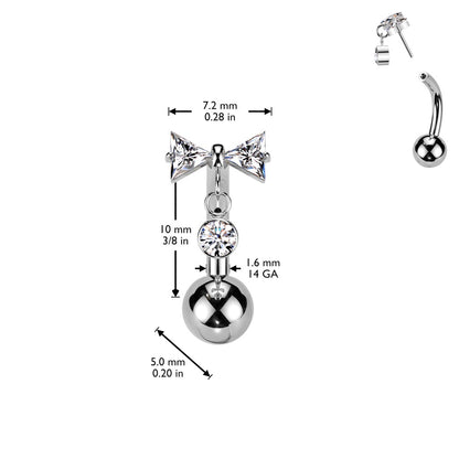 Threadless Push-In CZ Crystal Bow with Dangling Gem Belly Button Ring - ASTM F-136 Implant Grade Titanium